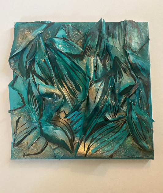 Flourish! mixed media on 12x12 in canvas (Leather series)