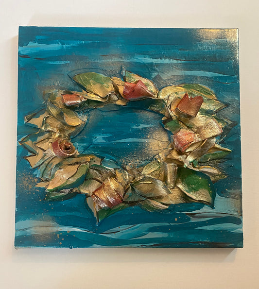 "Grace on the Water"  mixed media on 12x12 in canvas (Leather series)